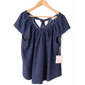 LC Lauren Conrad Navy and White Polka Dot Tie-Back Blouse